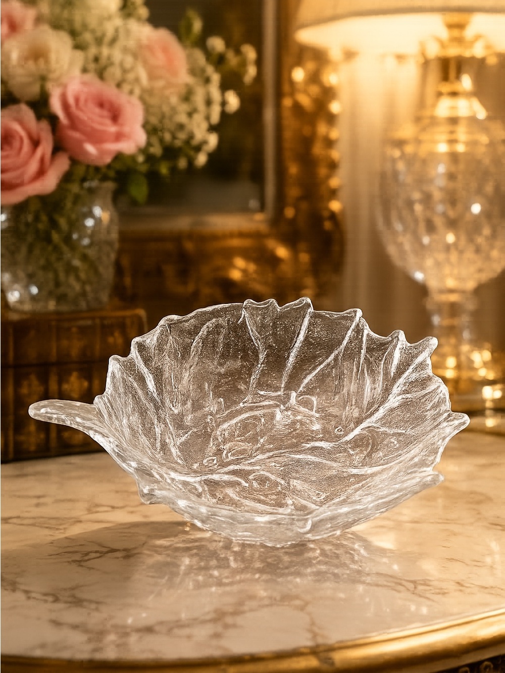 Vintage Blenko Clear Glass Cabbage Leaf Bowl l